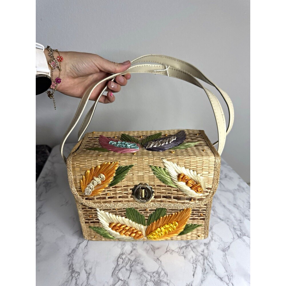 Bags By Whidby Natural Shoulder Bag Floral Embroidery Turn Lock Adjustable Strap